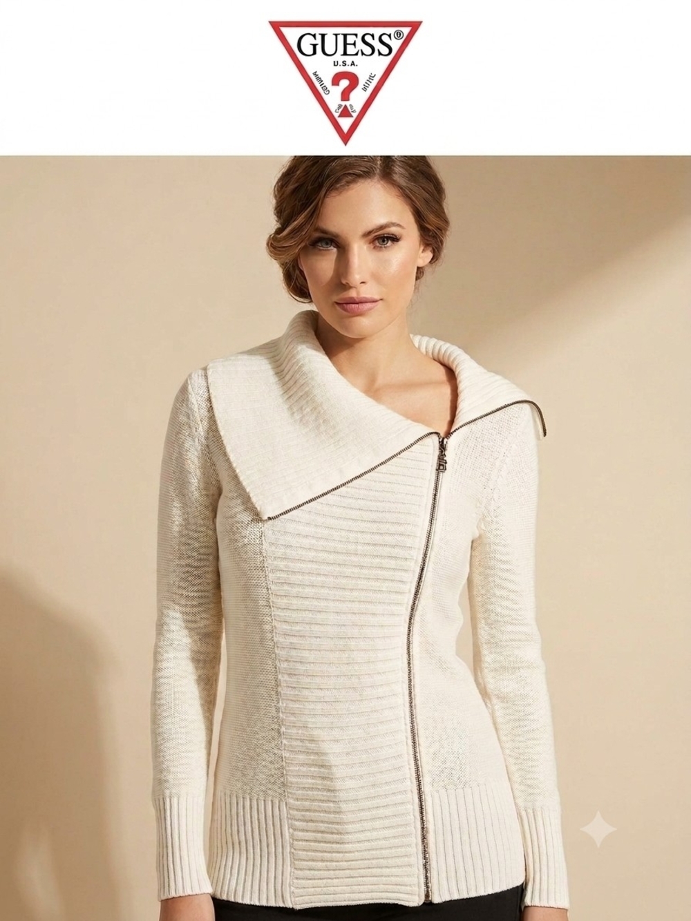 GUESS Cream Asymmetrical Zip Cardigan with Wide Collar